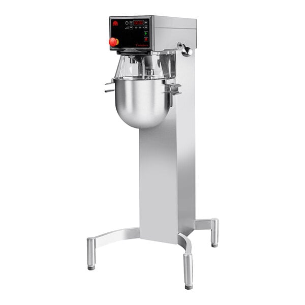 A Varimixer V20KF planetary floor mixer with a stainless steel bowl on a pedestal.