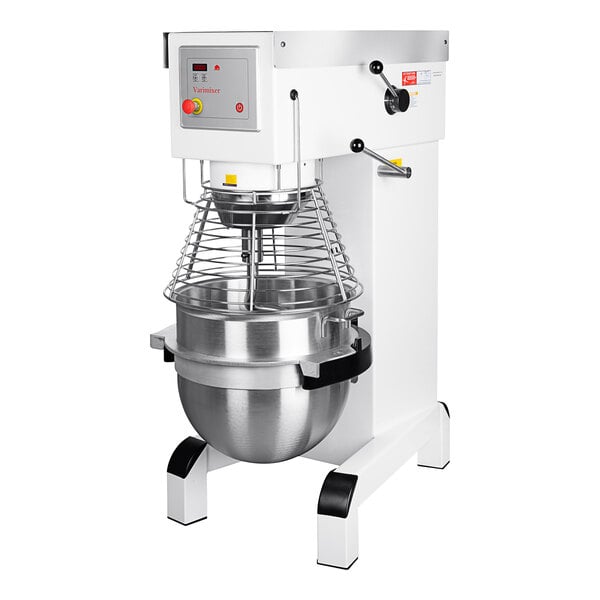 A Varimixer V-Series floor mixer with a stainless steel bowl and a power lift.