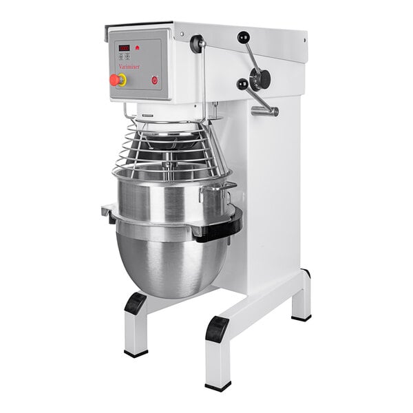 A white Varimixer V-Series floor mixer with a bowl on it.