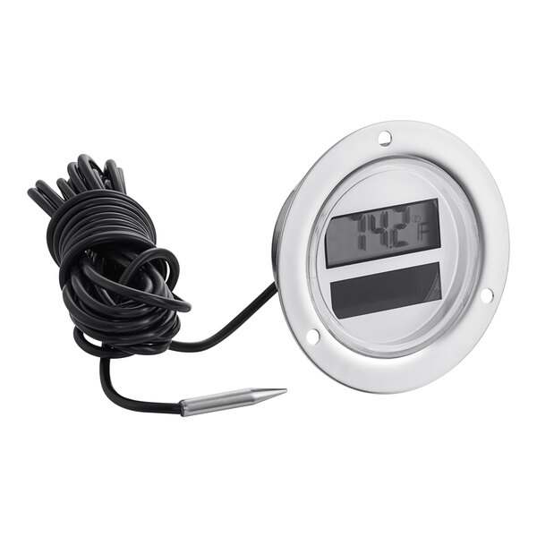 A Miljoco solar powered digital thermometer with a wire.