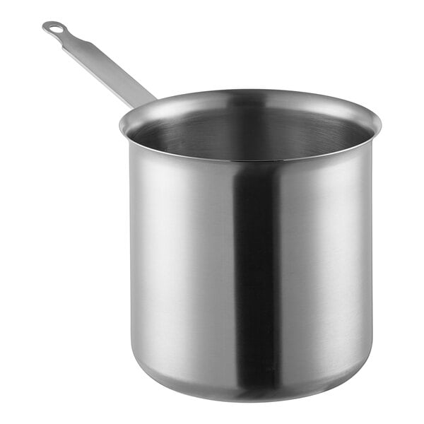 A silver Matfer Bourgeat stainless steel pot with a handle.