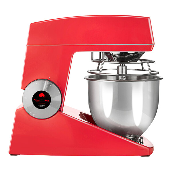 A red Varimixer countertop mixer with a bowl.