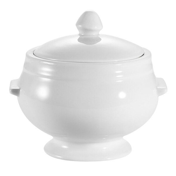 A CAC bright white porcelain bouillon bowl with handles.