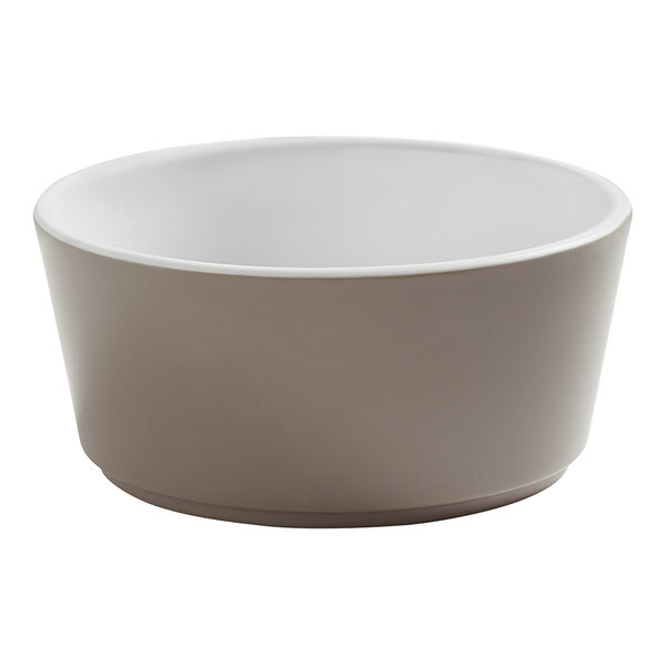 An American Metalcraft white melamine bowl with a gray rim.