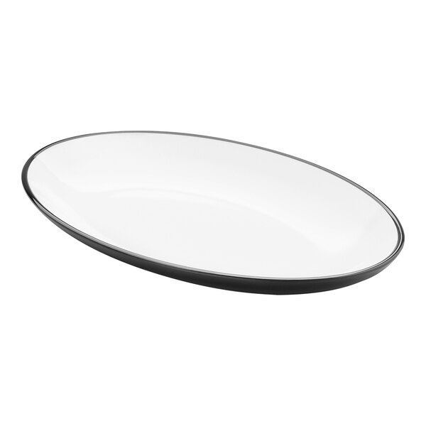 An oval white melamine platter with a black rim.