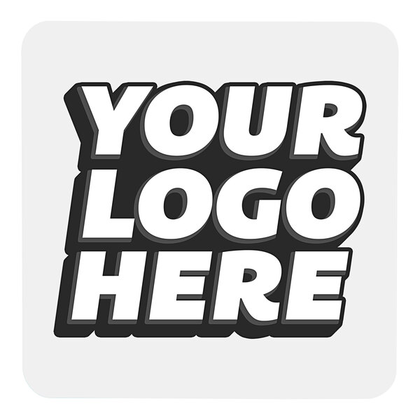A white square sticker with customizable white text on a gray background.