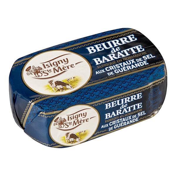 A package of Isigny Sainte-Mere Churned Butter with Guerande Sea Salt Crystals with a blue and white wrapper and white text.