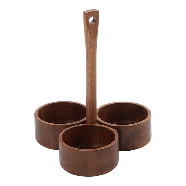 An American Metalcraft acacia wood shaker caddy with three wooden bowls with handles.