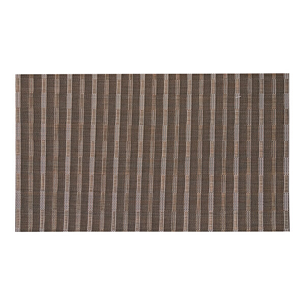 A close-up of a Snap Drape Cityscape Mocha Brown PVC Placemat with a gray striped design.