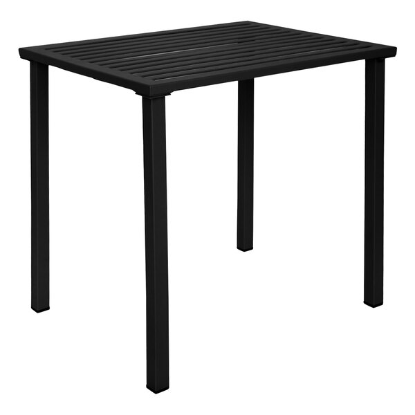 A BFM Seating Daytona black steel dining table with a square top and legs.