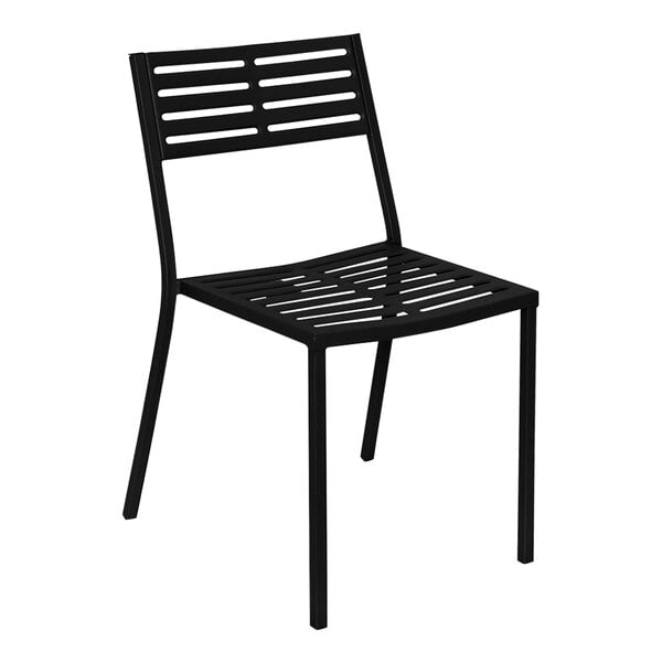 A BFM Seating Daytona black powder-coated steel stackable side chair with a slatted back.