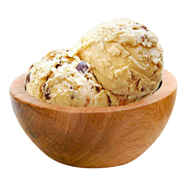 A wooden bowl with two scoops of G.S. Gelato Italian Butter Pecan Gelato.