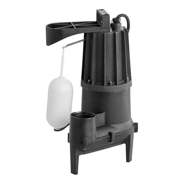 A black and white Zoeller sewage pump with a vertical float switch.