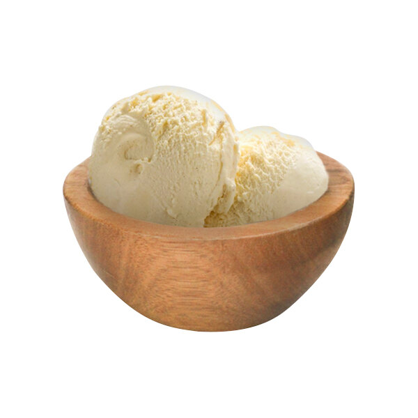 A scoop of G.S. Gelato plant-based Indonesian vanilla bean coconut milk frozen dessert in a wooden bowl.