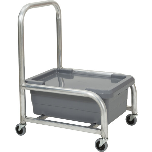 A grey plastic box on a metal cart with wheels.