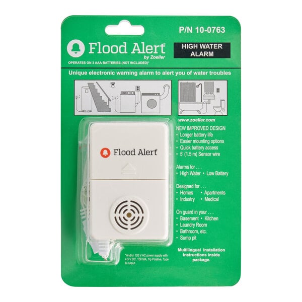 A white Zoeller Flood Alert High Water Alarm box.