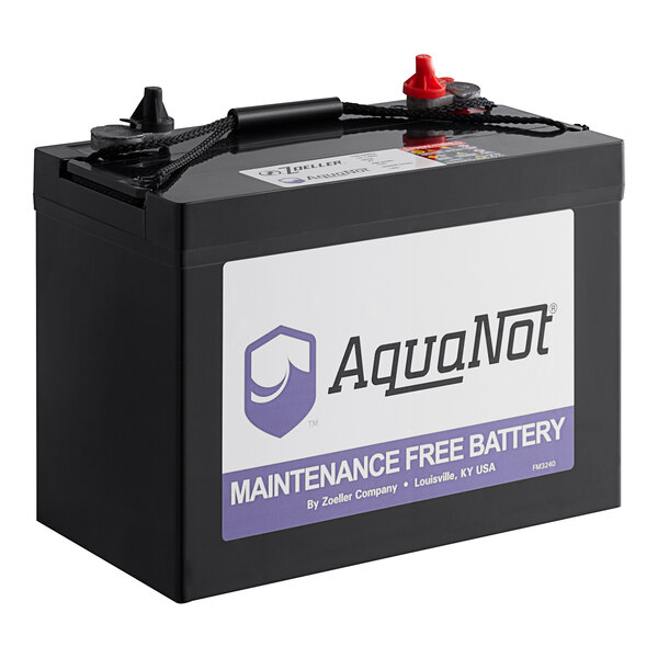 A black Zoeller Aquanot AGM maintenance-free battery with a white label.