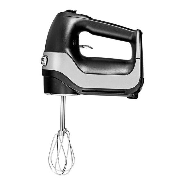 A black and silver Hamilton Beach Professional 5 speed hand mixer with attachments.