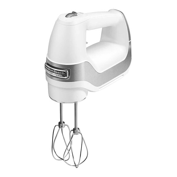 A white Hamilton Beach 5-speed hand mixer with silver accents.
