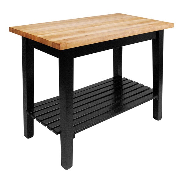 A black wooden John Boos work table with undershelf and casters.