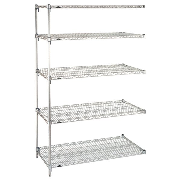 A chrome Metro Super Erecta wire shelving add on unit with four shelves.