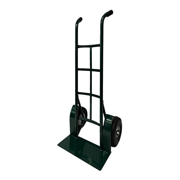 A green Harper hand truck with wheels and dual handles.