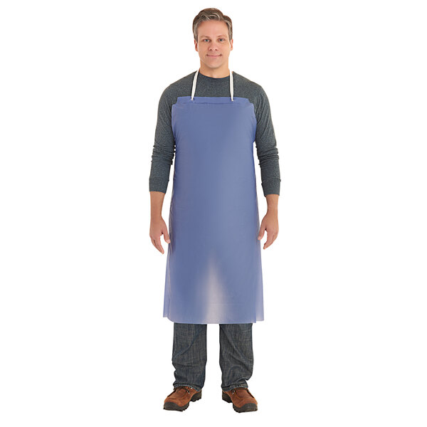 A person wearing a blue Ansell PVC dishwasher apron.