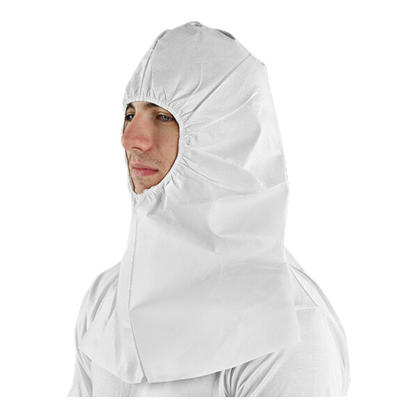 A man wearing a white Ansell AlphaTec balaclava hood.
