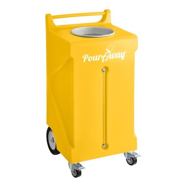 A yellow rectangular PourAway Cadet liquids disposal receptacle with wheels.