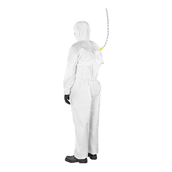 A person wearing an Ansell AlphaTec white protective coverall with a hood.