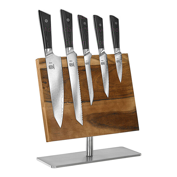 A Mercer Culinary Damascus knife set on a wooden stand with knives.