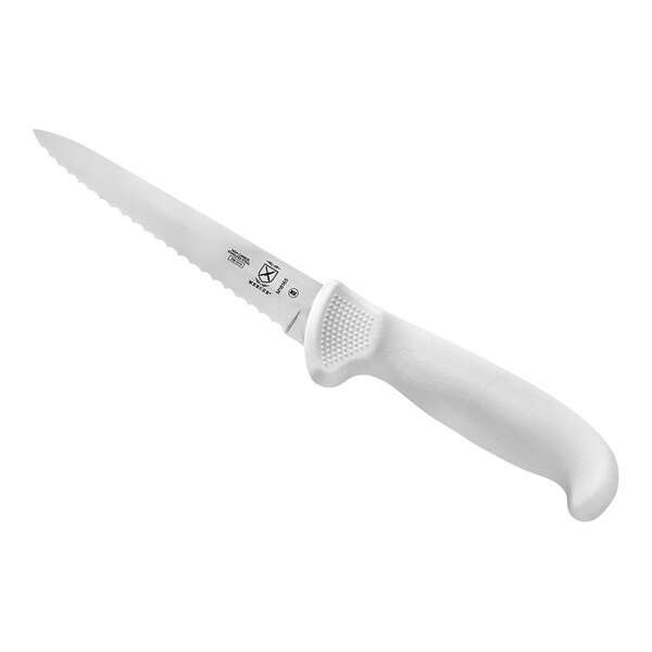 A Mercer Culinary Ultimate White utility knife with a white handle.