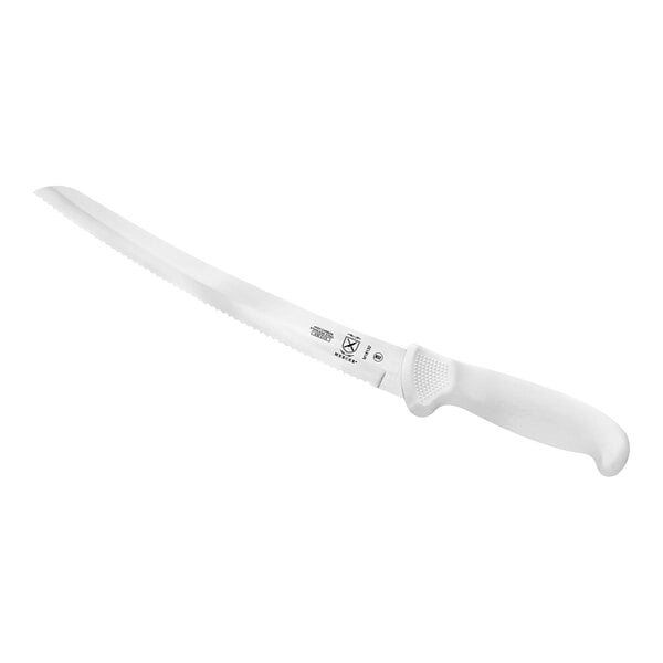 A Mercer Culinary Ultimate White bread knife with a white handle.