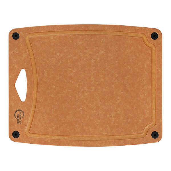 A brown Mercer Culinary composite cutting board with silicone grips.
