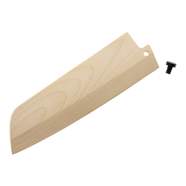 A Mercer Culinary birch wood cover for a Nakiri knife with a curved edge and a screw.