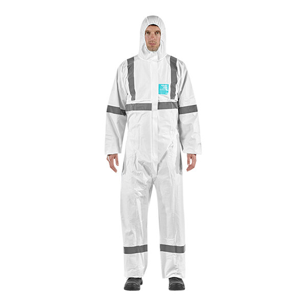 A man wearing a white Ansell AlphaTec protective coverall with a hood and reflective accents.