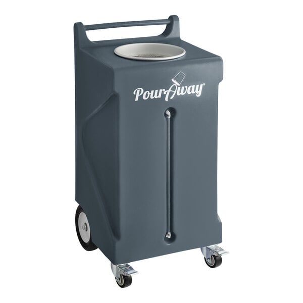 A gray PourAway rectangular liquids disposal receptacle with wheels.