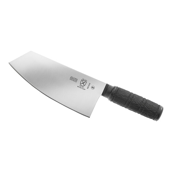 A Mercer Culinary Chinese cleaver with a black handle.
