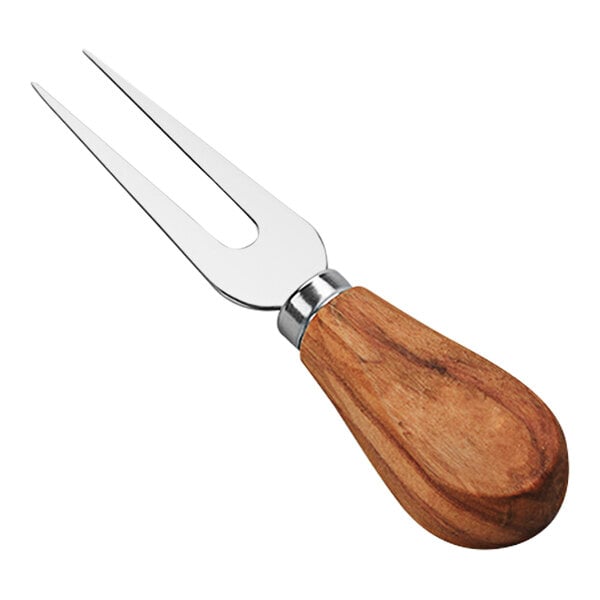 An American Metalcraft stainless steel cheese fork with an olive wood handle.