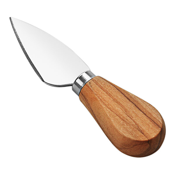 An American Metalcraft stainless steel cheese spade with an olive wood handle.