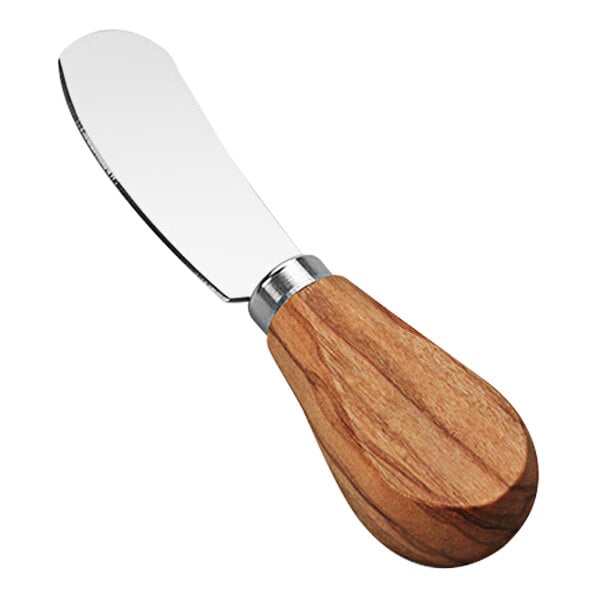 An American Metalcraft stainless steel cheese spreader with an olive wood handle.