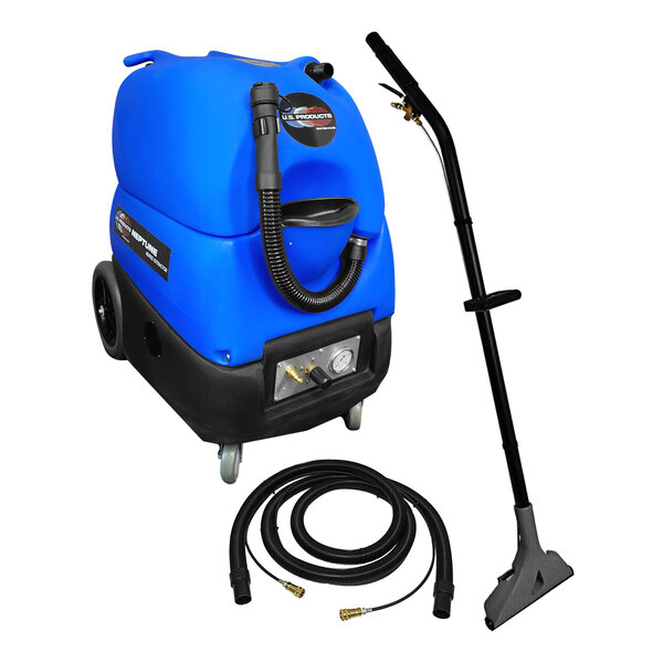 A blue and black U.S. Products Neptune 200H carpet extractor with hoses.