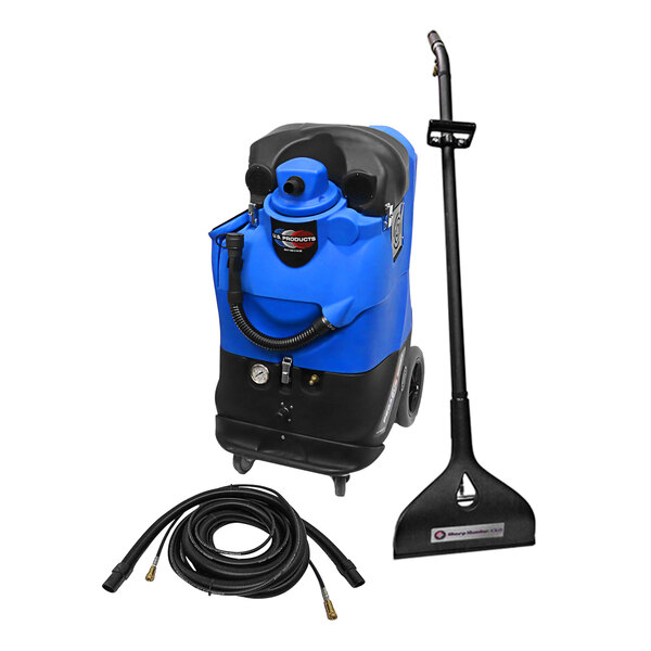 A blue and black U.S. Products Pegasus 500H carpet extractor with hose.