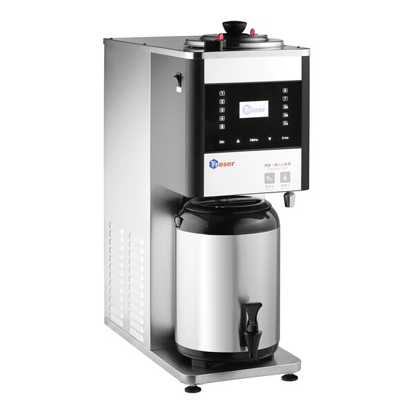 A Bossen tea brewing machine with a stainless steel finish and a lid.