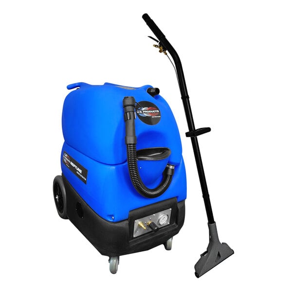A blue and black U.S. Products Neptune heated carpet extractor with a black hose.