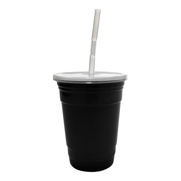 A black GET polypropylene tumbler with a silver lid and straw.