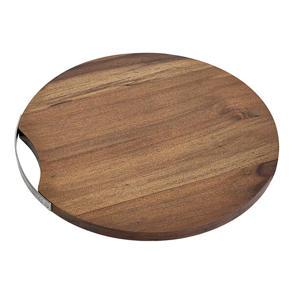 An American Atelier round acacia wood cutting board with a metal handle.