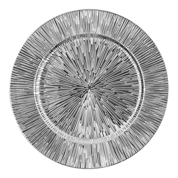 A silver American Atelier charger plate with a circular starburst design.