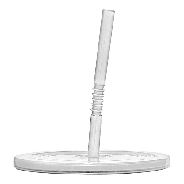 A clear plastic straw and lid on a round plate.