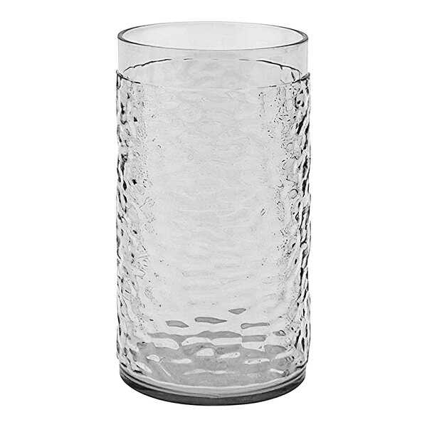 A clear plastic tumbler with a textured surface.